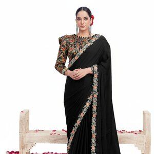 Women's Floral Embroidered Crepe Satin Silk Black Saree - Elegant Ethnic Wear